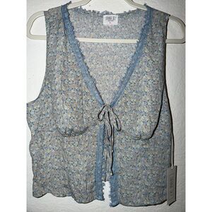 Sienna Sky NWT Floral Tie Front Vest Top Size XL Blue Ditsy Print Boho Fringe